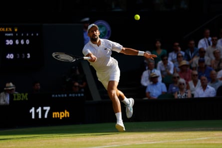 Novak Djokovic goes for a forehand connected Centre Court.