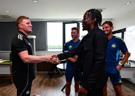 Eddie Howe (left) welcomes new signing of Anthony Elanga to Newcastle.