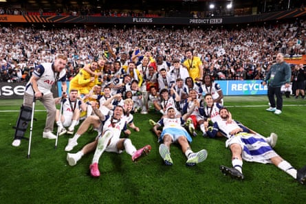 Tottenham players celebrate after beating Manchester United in the Europa League final on 21 May 2025.