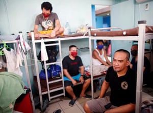 Filipino seafarers inside a dormitory in Manila