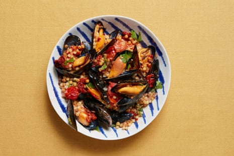 Thomasina Miers’ steamed mussels fregola, ‘nduja and baby tomatoes.