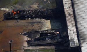 A fire burns at the flooded plant of French chemical maker Arkema in Crosby, Texas on Thursday.