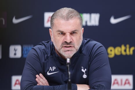 Ange Postecoglou, head coach of Tottenham Hotspur, speaks to the media