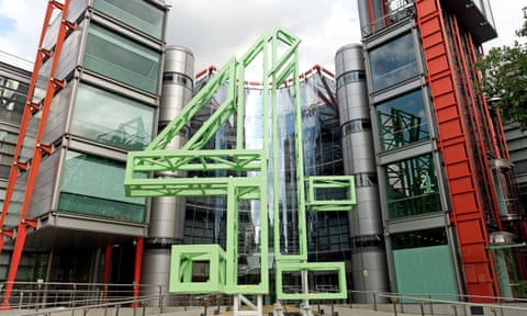 The Channel 4 logo, a large number 4 sculpture in green, outside the channel's London headquarters