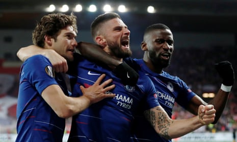 Chelsea’s Marcos Alonso celebrates scoring their first goal with Olivier Giroud and Antonio Rudiger.