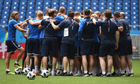 Iceland’s players gather on the pitch during their final training session at the Rostov Arena before their match with Croatia on Tuesday.