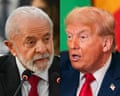 Brazil's President Luiz Inacio Lula da Silva speaks during the first plenary session of the BRICS summit in Rio de Janeiro, Brazil, on July 6, 2025. U.S. President Donald Trump speaks during a multilateral lunch with African leaders in the State Dining Room of the White House July 9, 2025 in Washington, DC.