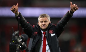 Ole Gunnar Solskjær salutes Manchester United’s supporters after the 1-0 victory over Tottenham at Wembley on Sunday.