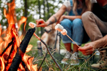Roasting marshmallows on a campfire.