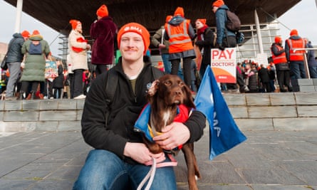 Hywel Rhys Williams joining the protest with his dog.