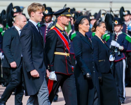 Norway’s Prince Sverre Magnus, King Haakon VIII, Crown Princess Ingrid Alexandra, and Princess Martha Louise walk behind the coffin of Norway’s King Harald V, Oslo, Norway, 9 September 2026.