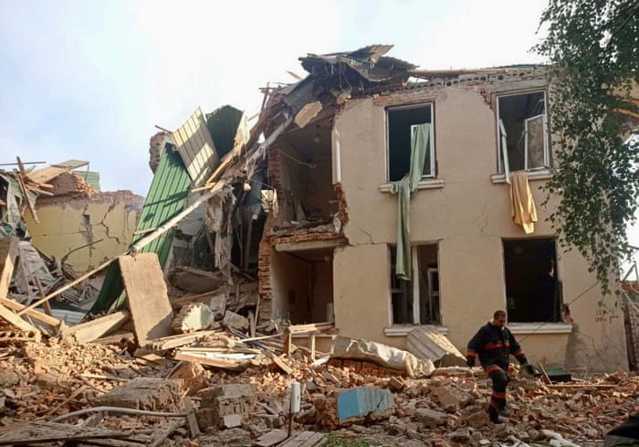 Damage is seen to a building in Chuhuiv in Kharkiv oblast in an image posted to Telegram by regional governor Oleh Synyehubov.