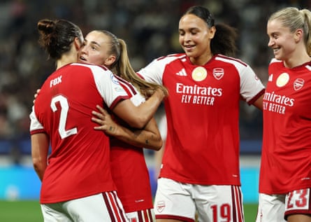 Arsenal's Georgia Stanway celebrates scoring their second goal with teammates