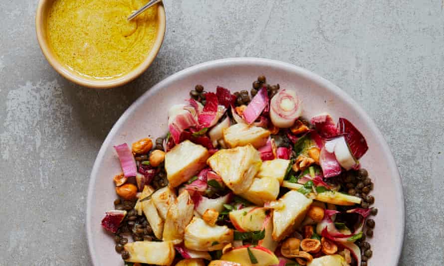 Great for protein: Thomasina Miers’ roast celeriac and lentil salad with a mustard and creme fraiche dressing.