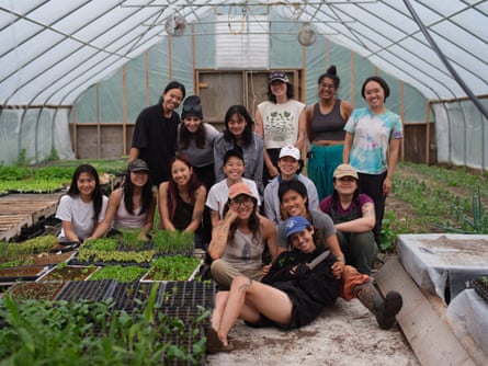 A group of people sit and stand in a greenhouse surrounded by plants
