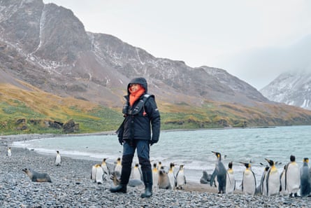 Jane McDonald with penguins in South Georgia