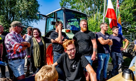 Caroline van der Plas (second left) and farmers protest at the Albert Heijn distribution centre in Ultrecht, the Netherlands, on 4 July.