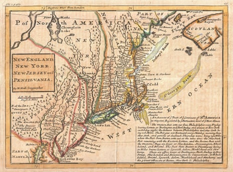 1729 Moll Map of New York, New England, and Pennsylvania (First Postal Map of New England)