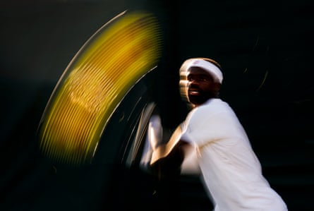 Francis Tiafoe plays a shot during his victory over Jan Choinski.