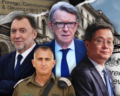 Composite of the four imposed on a backdrop of Whitehall offices and Foreign Office signage