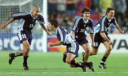 Juan Verón, Marcelo Gallardo, Ariel Ortega and Sergio Berti are jubilant as David Batty’s penalty is saved
