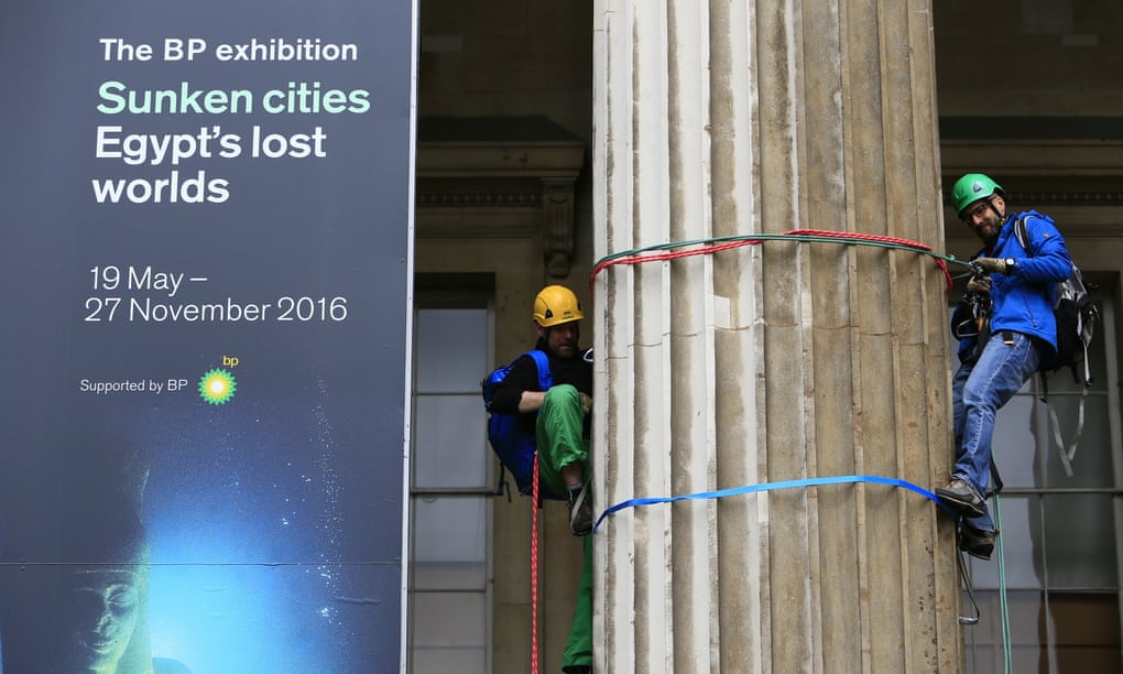 Greenpeace activists climb the British Museum in protest against BP’s sponsorship.