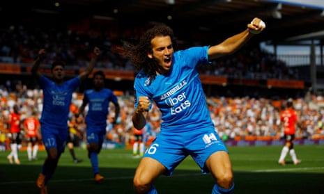 Matteo Guendouzi celebrates as Marseille book their place in the Champions League. 