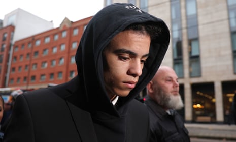 Mason Greenwood outside court in Manchester after a preliminary hearing in November.