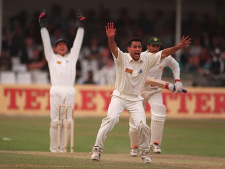 Adam Hollioake appeals for a wicket on his ODI debut in 1996.
