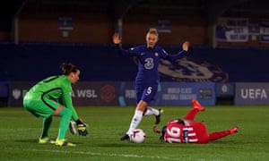 Chelsea’s Sophie Ingle concedes a penalty for a foul on Atletico Madrid’s Rasheedat Ajibade.