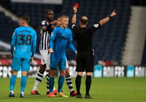 Louie Sibley is sent off against West Brom in July. He says he plays ‘on the edge’ but is learning how to cut out ‘stupid fouls’.