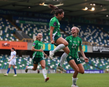 Northern Ireland’s Joely Andrews jumps for joy