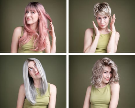Four pictures of Leah in different wigs