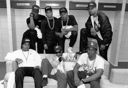 NWA pictured with rappers The D.O.C. and Laylaw in 1989.