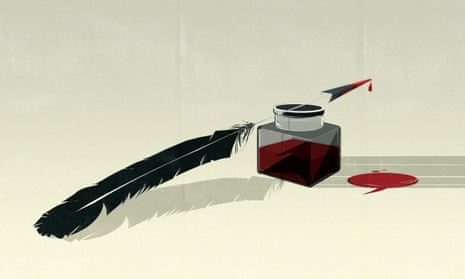Quill pen dripping red ink and ink pot
