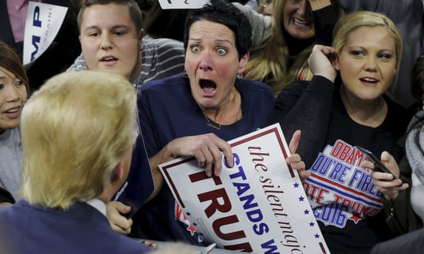 Donald Trump greets eager supporter Robin Roy at a campaign rally in Lowell, Massachusetts.