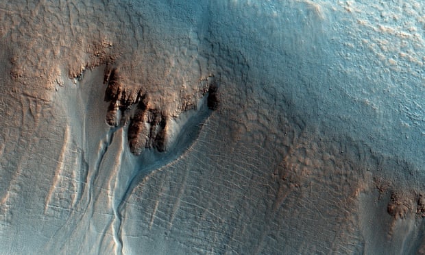 Gullies in a crater on Mars that suggest the presence of flowing water