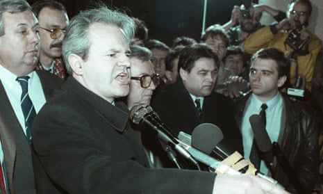 Serbian president Slobodan Milosevic speaks to thousands of supporters in Belgrade, February 1989.