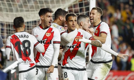 Rayo Vallecano celebrate the Óscar Trejo goal that brought a 3-2 victory against Real Madrid last November