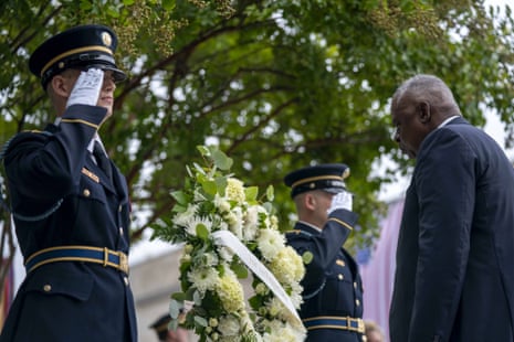 US Secretary of Defense Lloyd Austin participates in a wreath laying ceremony to mark the 22nd anniversary of the September 11 terrorist attacks at the Pentagon in Arlington, Virginia near Washington, DC.