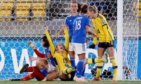 Sweden's Amanda Ilestedt celebrates scoring their first goal against Italy.