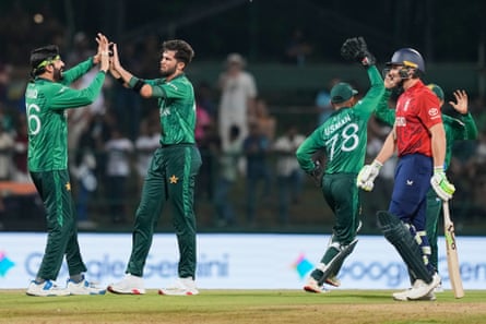 Pakistan’s Shaheen Shah Afridi (second left) celebrates the wicket of England’s out-of-form Jos Buttler