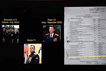 Ein Screenshot zeigt eine Liste mit Namen und Fotos von drei russischen Militärführern