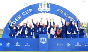 Thomas Bjørn lifts the Ryder Cup after Europe’s victory at Le Golf National on 30 September 2018