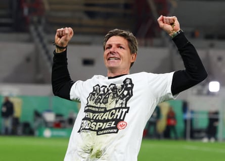 Oliver Glasner celebrates a win in the DfB Cup semi-finals with Frankfurt