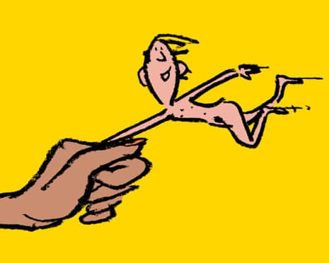 A hand holds a small cartoon figure of a person flying horizontally through the air with limbs outstretched
