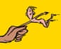 A hand holds a small cartoon figure of a person flying horizontally through the air with limbs outstretched