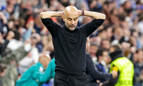 Pep Guardiola reacts to Real Madrid's second goal