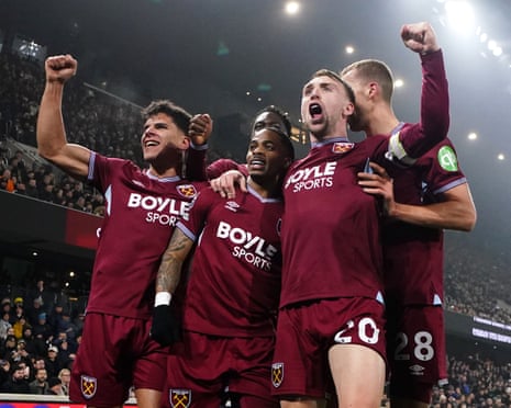 West Ham United's Crysencio Summerville (second left) celebrates with teammates after scoring their first goal of the game at Fulham.