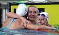 Ariarne Titmus with Lani Pallister and Brianna Throssell after breaking the women’s 200m freestyle world record at Brisbane Aquatic Centre.